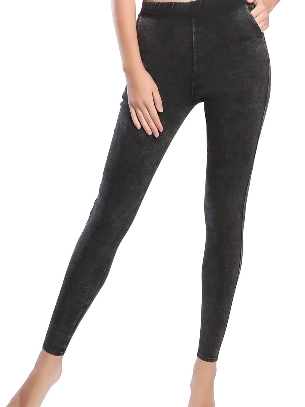 Black High-Waist Faux Denim Leggings